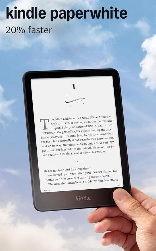 Hero shot of the Kindle Paperwhite in a bright, open setting, highlighting the 20% faster page turns.
