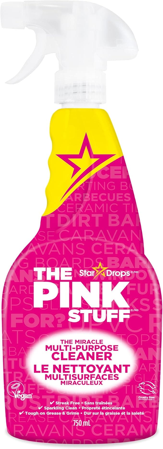 Front view of The Pink Stuff Multi-Purpose Cleaner spray bottle, showing the 750 mL format and the signature pink-and-yellow packaging.